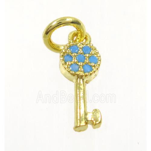 copper Key pendant paved zircon, gold plated, turq