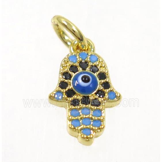 copper Hamsahand pendant paved zircon with evil eye, gold plated