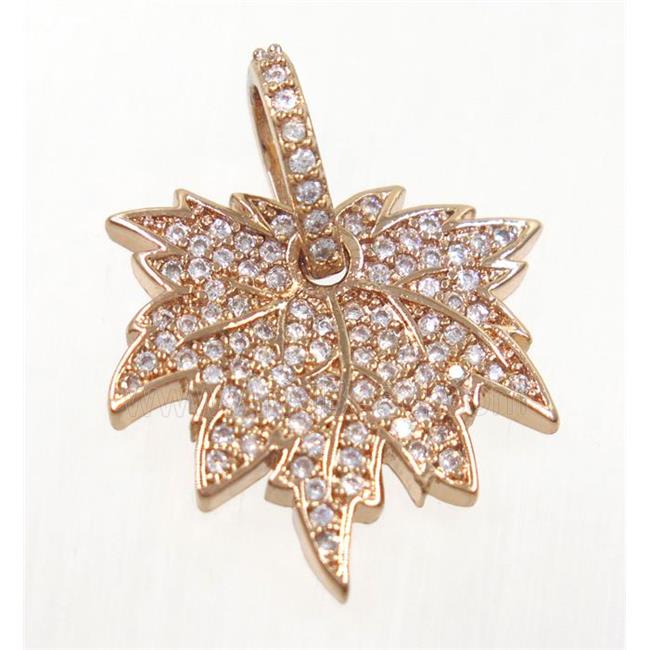 copper Maple Leaf pendant paved zircon, rose gold