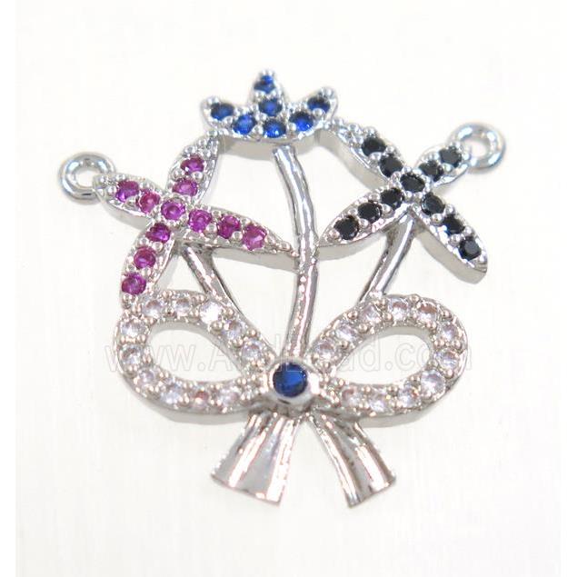 copper flower pendant paved zircon with 2loops, platinum plated