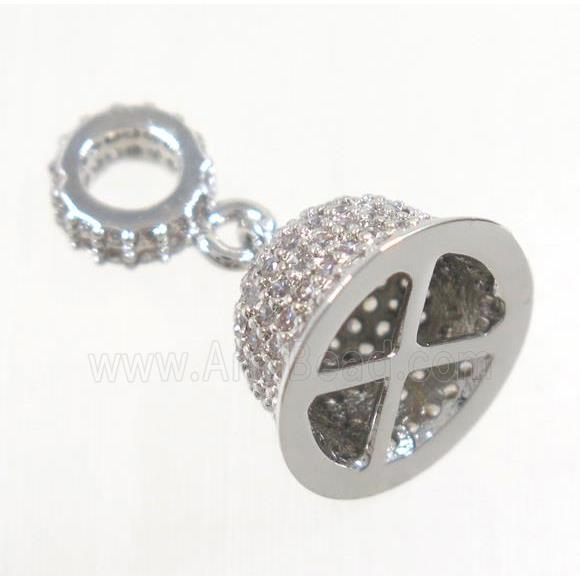 copper Bell pendant paved zircon, tassel bail, platinum plated