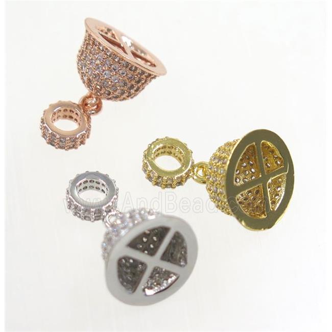 copper Bell pendant paved zircon, tassel bail, mix color