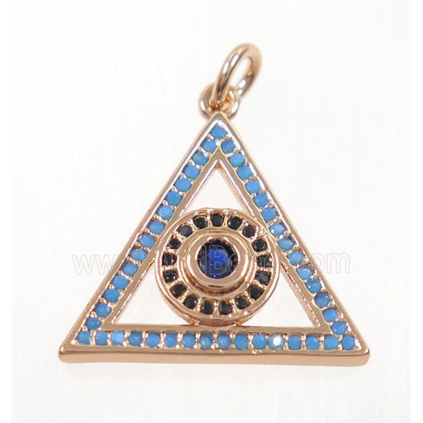 copper Triangle pendant paved zircon with evil eye, rose gold