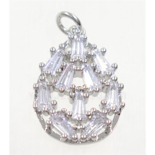 copper teardrop pendant paved zircon, platinum plated