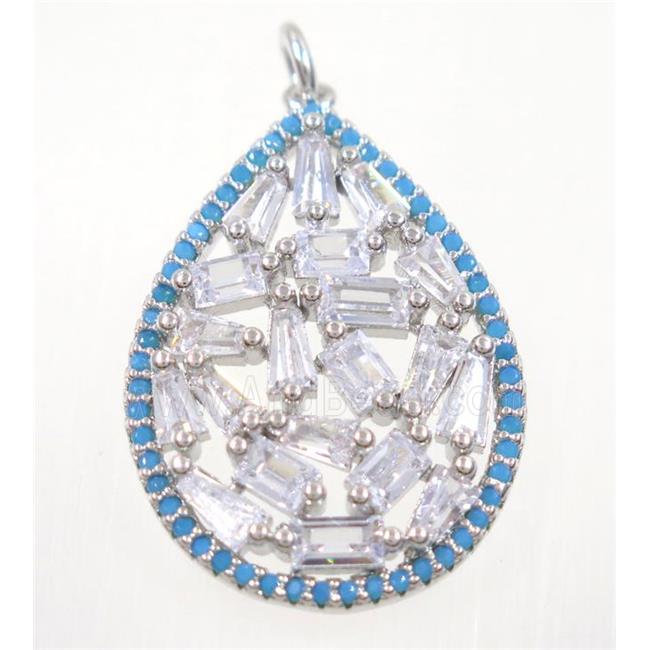 copper teardrop pendant paved zircon, platinum plated