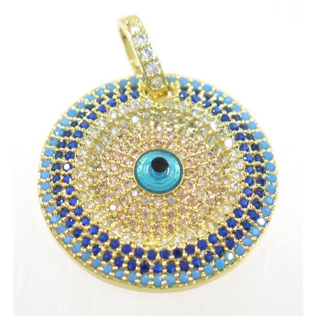 copper circle pendant paved zircon with evil eye, gold plated