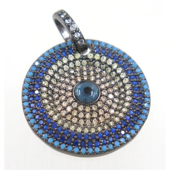 copper circle pendant paved zircon with evil eye, black plated