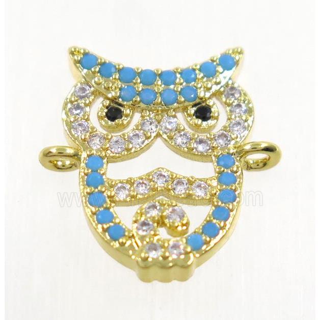 copper Owl connector paved zircon, gold plated