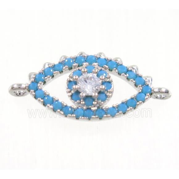 copper Evil Eye connector paved zircon, platinum plated, turq