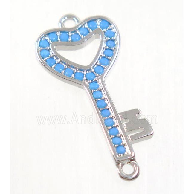 copper key connector paved zircon, platinum plated, turq