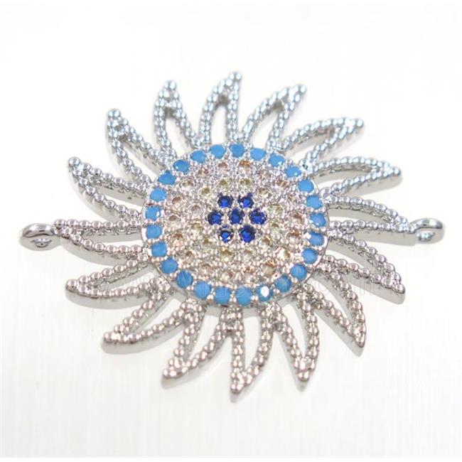 copper sunflower connector paved zircon, platinum plated