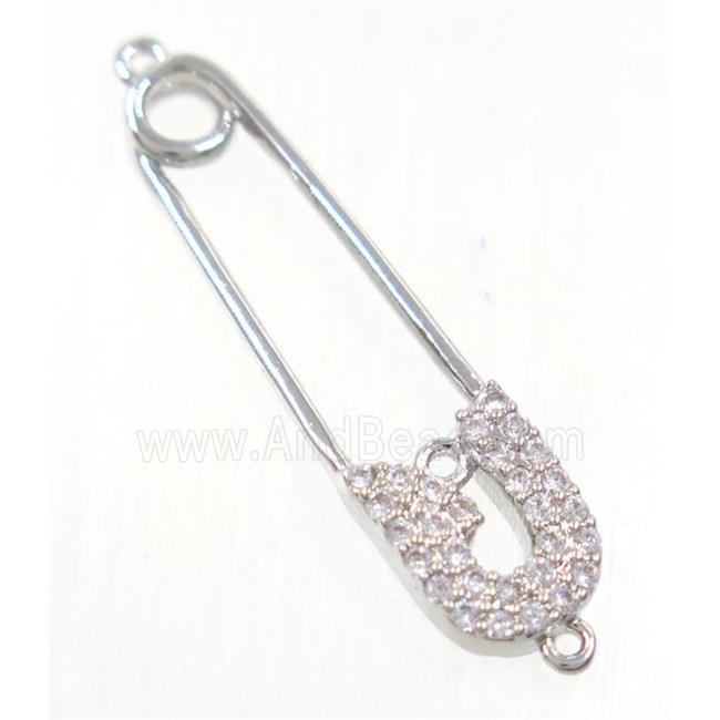 copper safety pin connector paved zircon, platinum plated