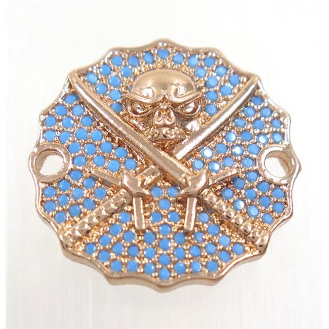 copper Jolly Roger connector paved zircon, rose plated, turq