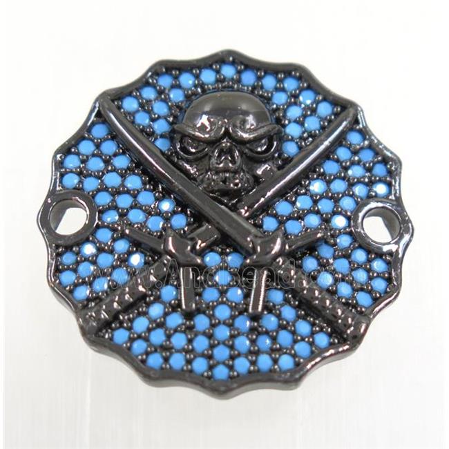 copper Jolly Roger connector paved zircon, black plated, turq