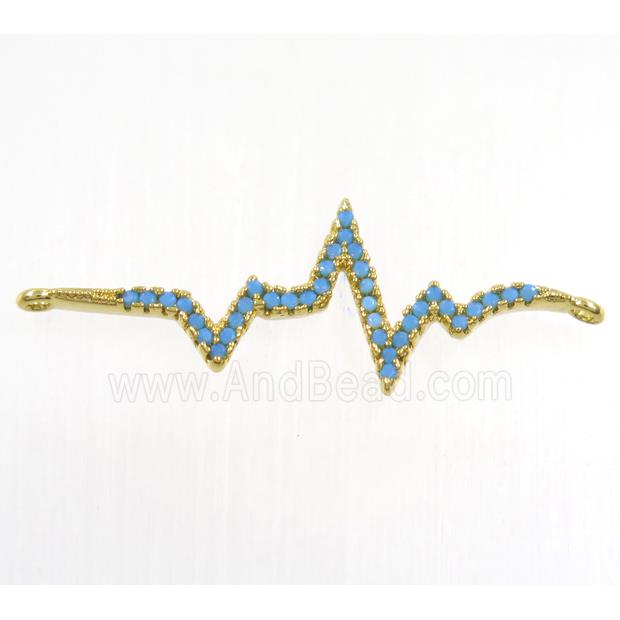 copper cardiogram connector paved zircon, gold plated, turq