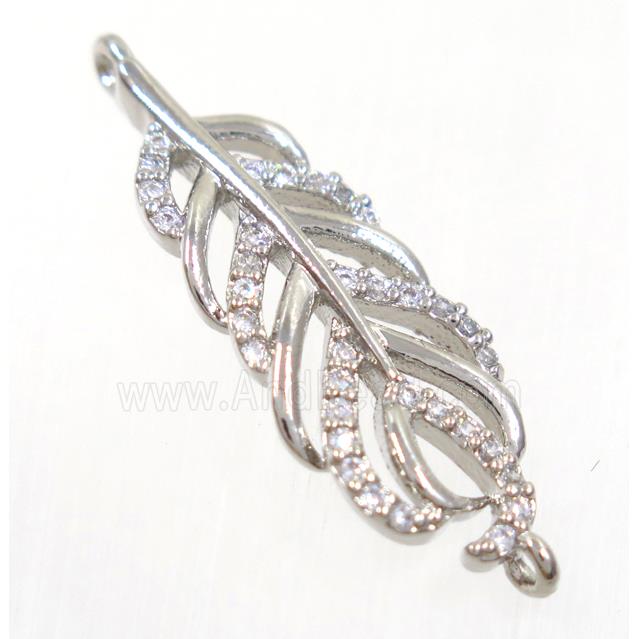 copper feather connector paved zircon, platinum plated
