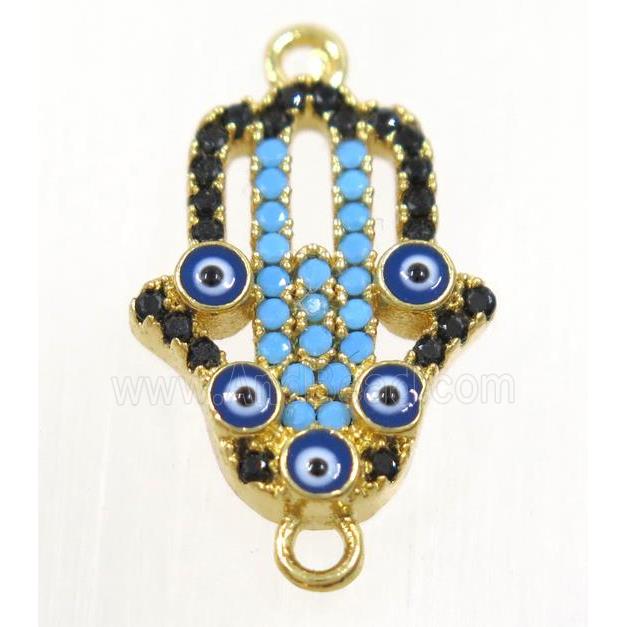 copper hamsahand connector paved zircon with evil eye, gold plated