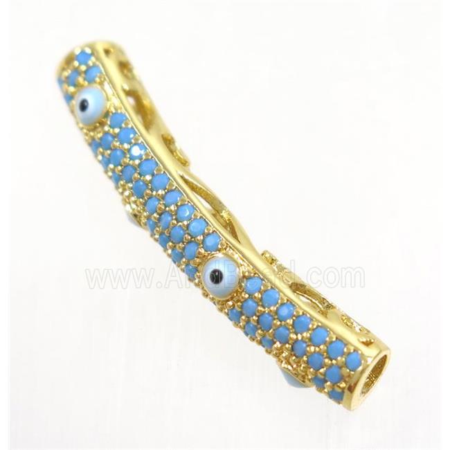 copper tube beads paved zircon with evil eye, turq, gold plated
