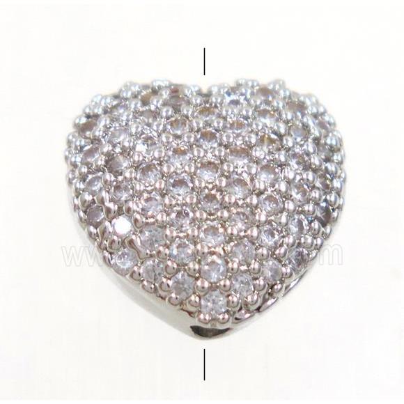 copper heart beads paved zircon, platinum plated