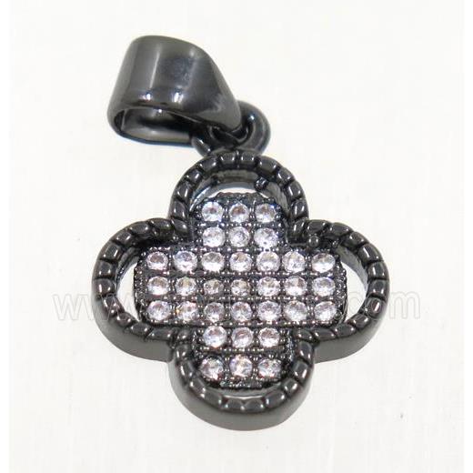 copper pendant paved zircon, four leaf Clover, black plated