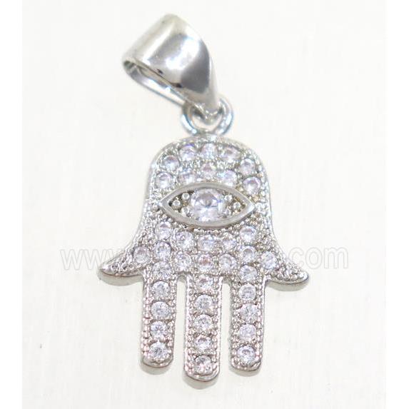 copper hamsahand pendant paved zircon, platinum plated