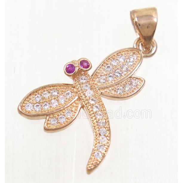 copper dragonfly pendant paved zircon, rose gold
