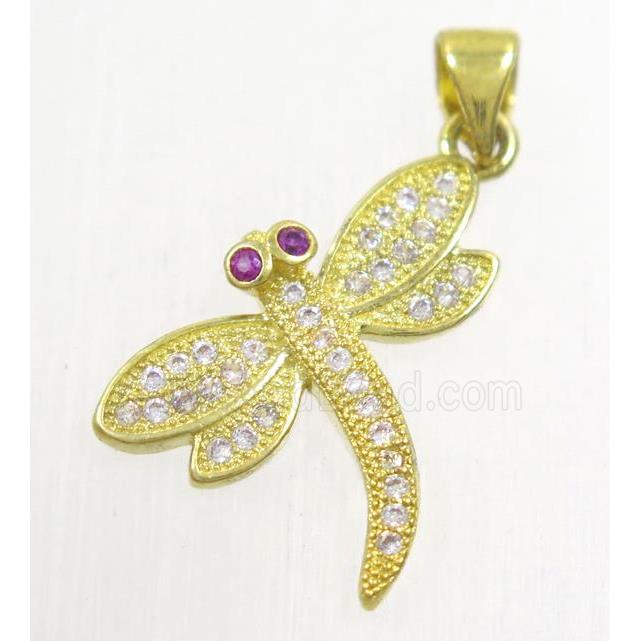 copper dragonfly pendant paved zircon, gold plated