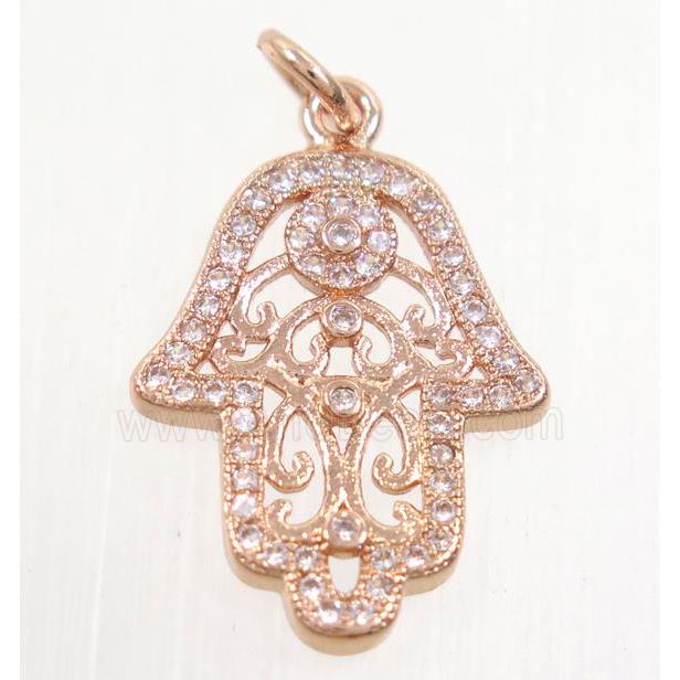 copper hamsahand pendant paved zircon, rose gold
