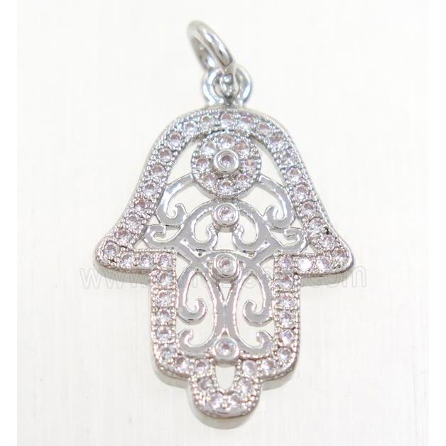 copper hamsahand pendant paved zircon, platinum plated