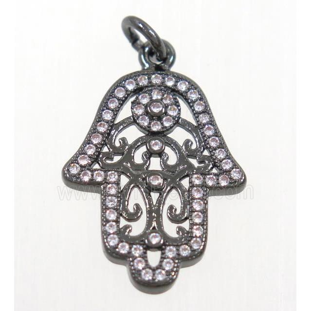 copper hamsahand pendant paved zircon, black plated