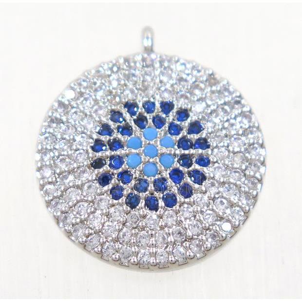 copper button circle pendant paved zircon, platinum plated