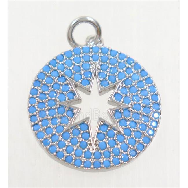 copper pendant paved zircon, North Star, platinum plated, turq
