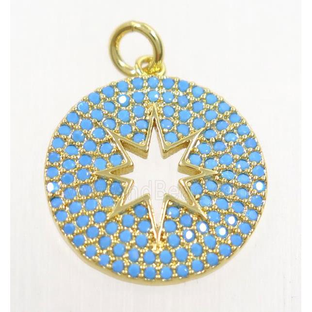 copper pendant paved zircon, North Star, gold plated, turq