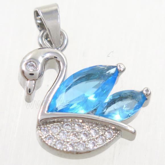 copper swan pendant paved blue zircon, platinum plated