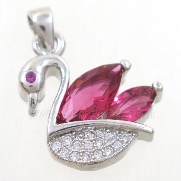 copper swan pendant paved red zircon, platinum plated