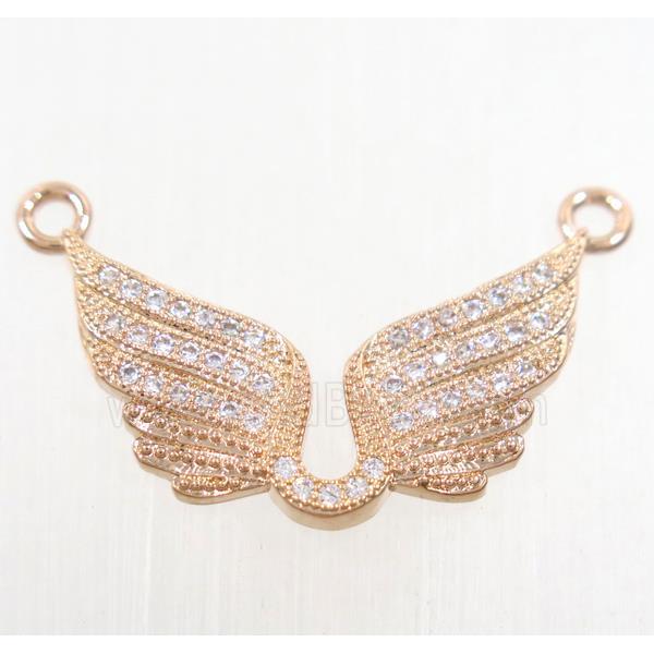 copper angel wing pendant paved zircon with 2loops, rose gold