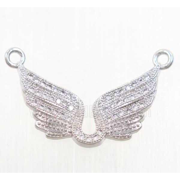 copper angel wing pendant paved zircon with 2loops, platinum plated