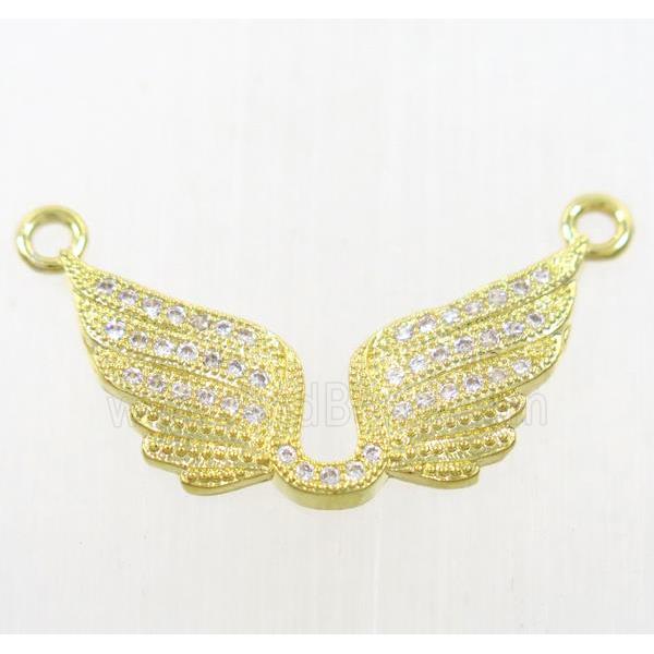 copper angel wing pendant paved zircon with 2loops, gold plated