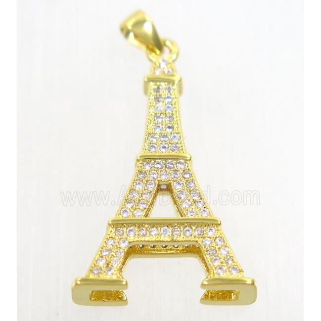 copper Eiffel Tower pendant paved zircon, gold plated