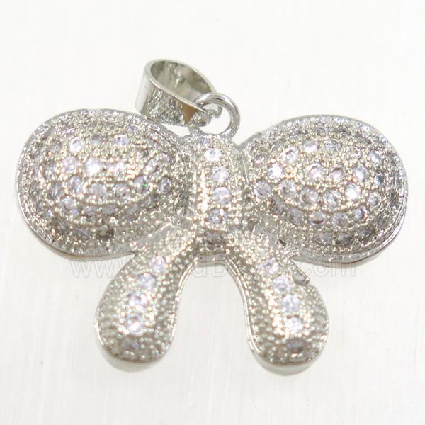 copper Bowknot pendant paved zircon, platinum plated