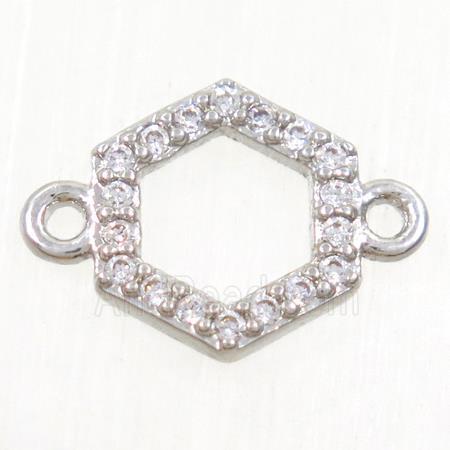 copper hexagon connector paved zircon, platinum plated
