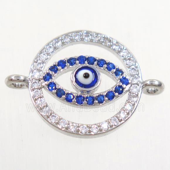copper circle connector paved zircon with evil eye, platinum plated
