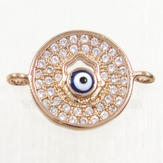 copper circle connector paved zircon with evil eye, rose gold