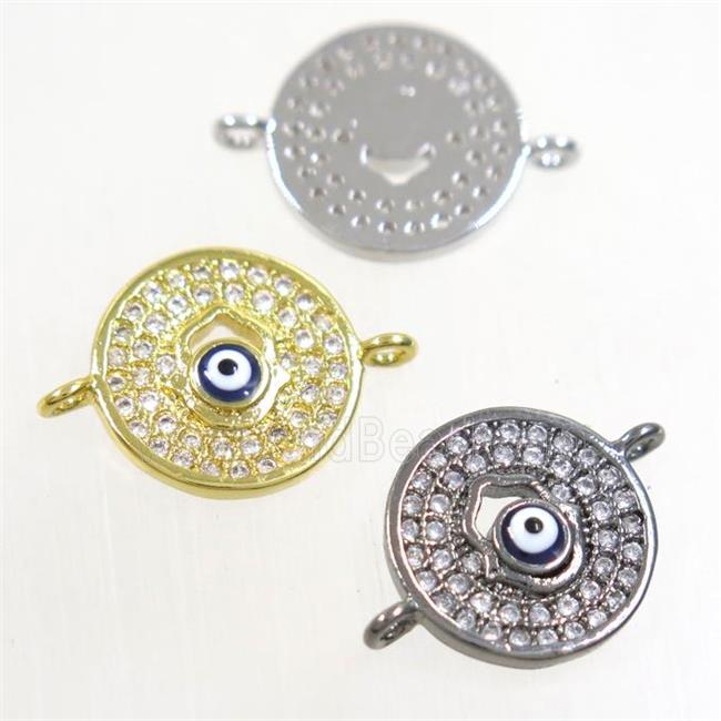 copper circle connector paved zircon with evil eye, mix color