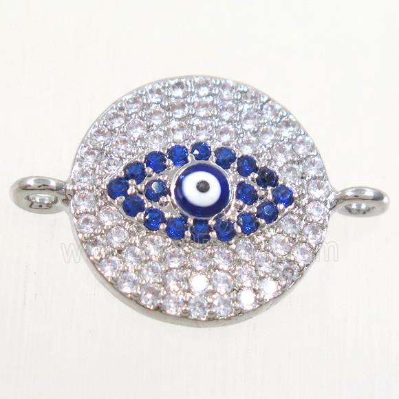 copper circle connector paved zircon with evil eye, platinum plated