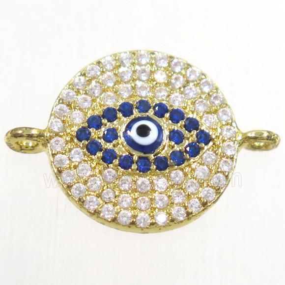 copper circle connector paved zircon with evil eye, gold plated