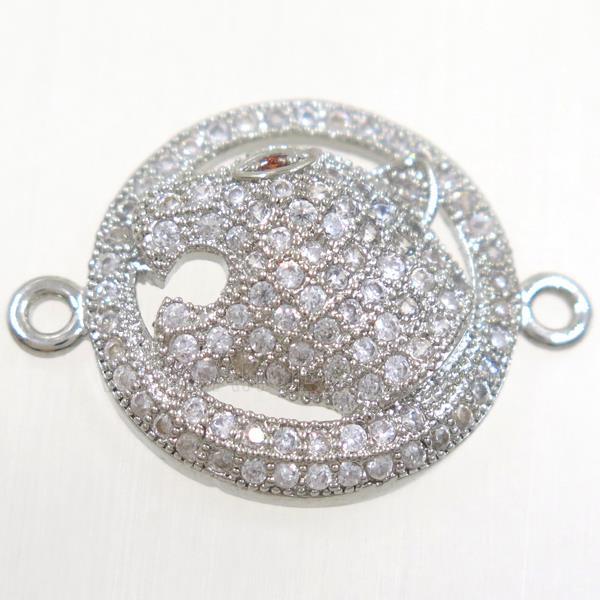 copper leopardHead connector paved zircon, platinum plated