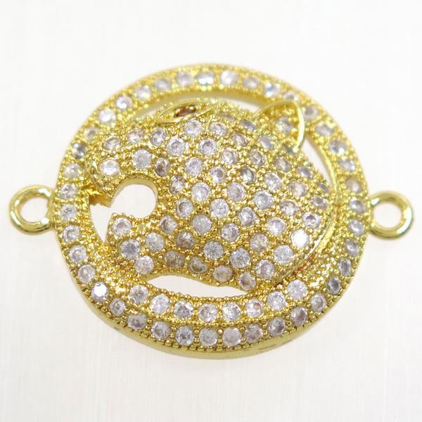 copper leopardHead connector paved zircon, gold plated
