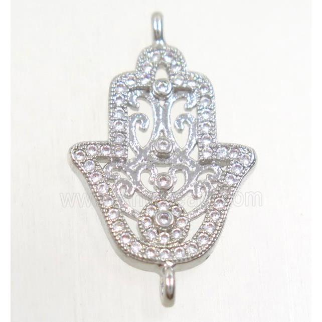 copper hamsahand connector paved zircon, platinum plated