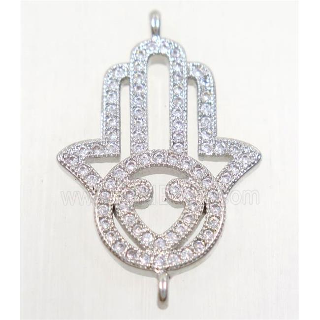 copper hamsahand connector paved zircon, platinum plated